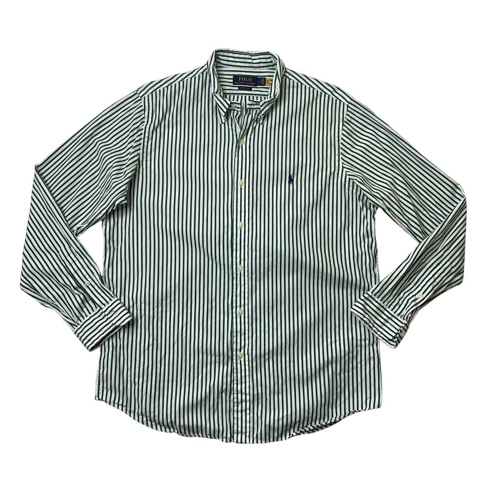 Polo Ralph Lauren Shirt Mens L Large Green White Classic Fit Striped Button Down